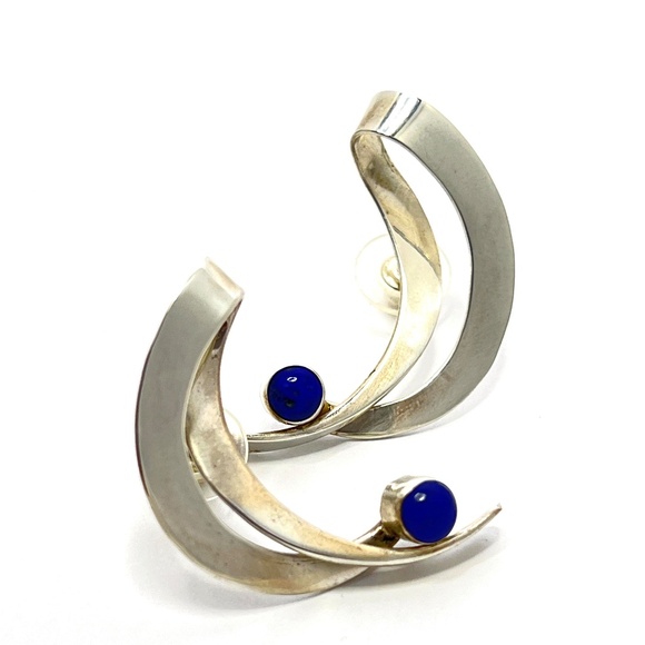 Sterling Silver Sodalite Earrings - Midcentury Modern - Ribbon - Picture 3 of 10